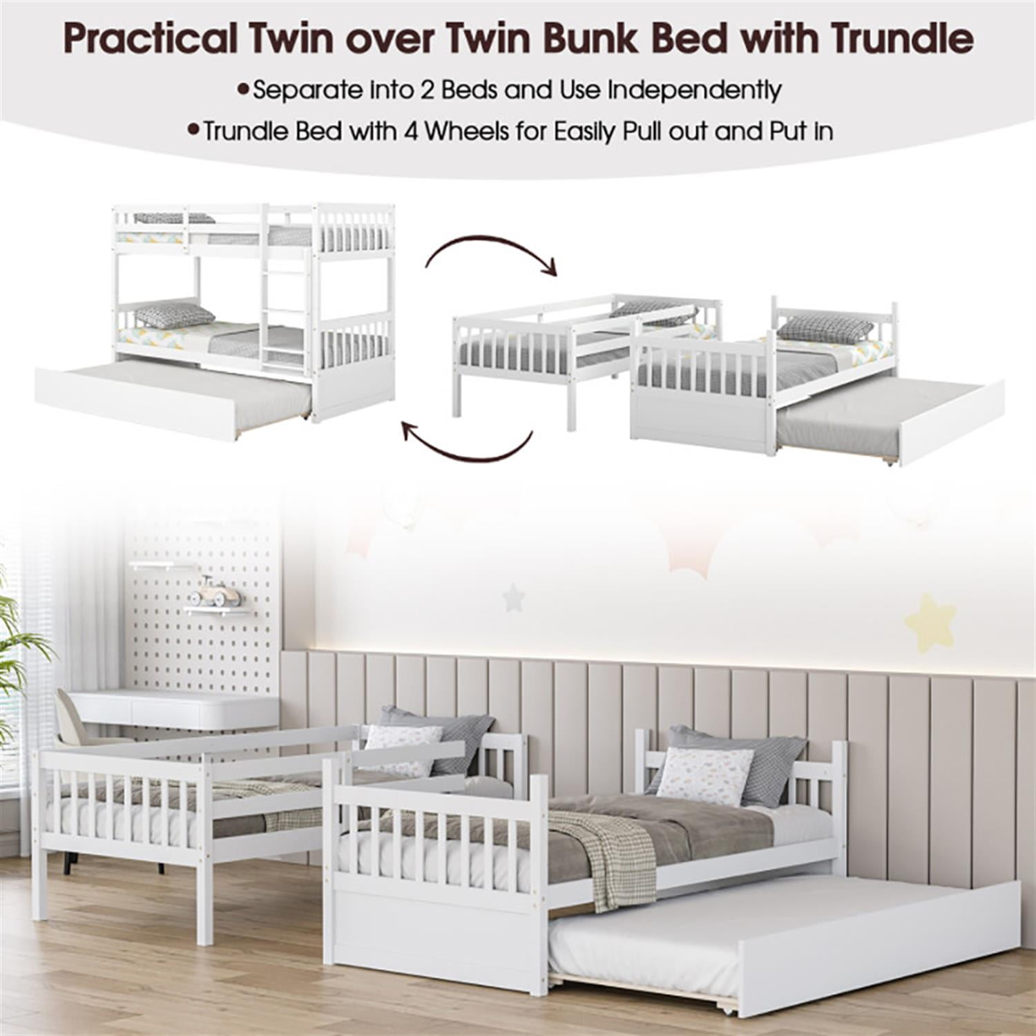 Demi Bonn Twin Pull-Out Bunk Beds with Ladder in the Steps and a Trundle, Twin Over Twin Bunk Bed Platform, White
