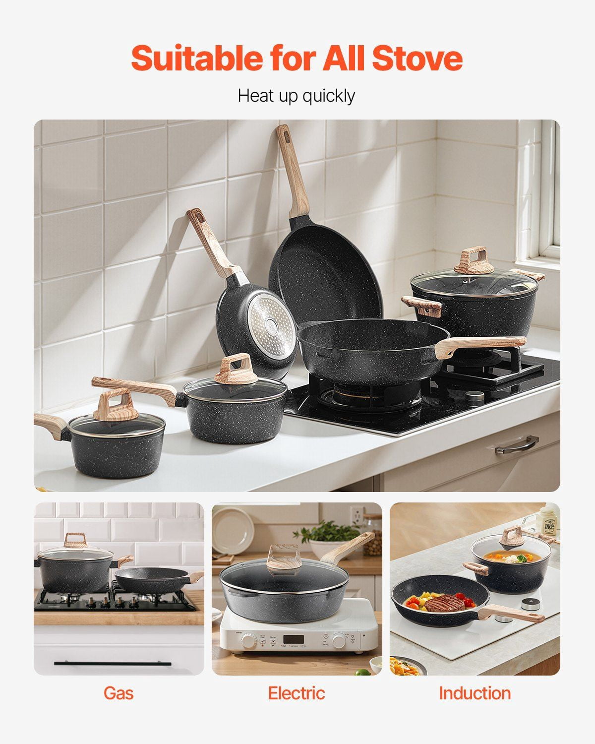 17 Piece Pots and Pans Set Granite Coating Nonstick Cookware Kitchenware Induction Compatible Black