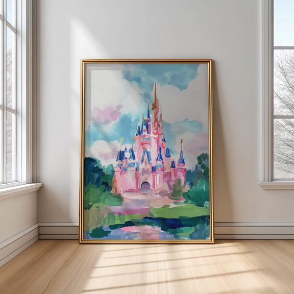 Pink Castle Art Poster: Whimsical Pastel Fairytale Illustration, Unframed Canvas Size 24x36