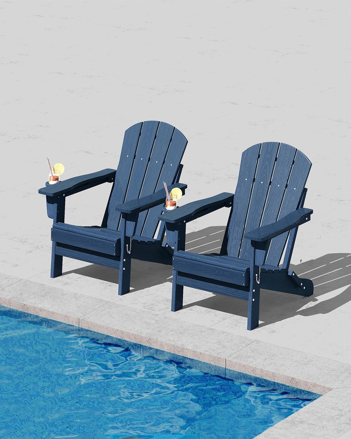 Ataucjin All-Weather HDPE Folding Adirondack Chairs Set of 2，Wood Grain Texture & Cup Holders, Collapsible, Plastic, Outdoor Patio Furniture for Garden, Deck, Fire Pit