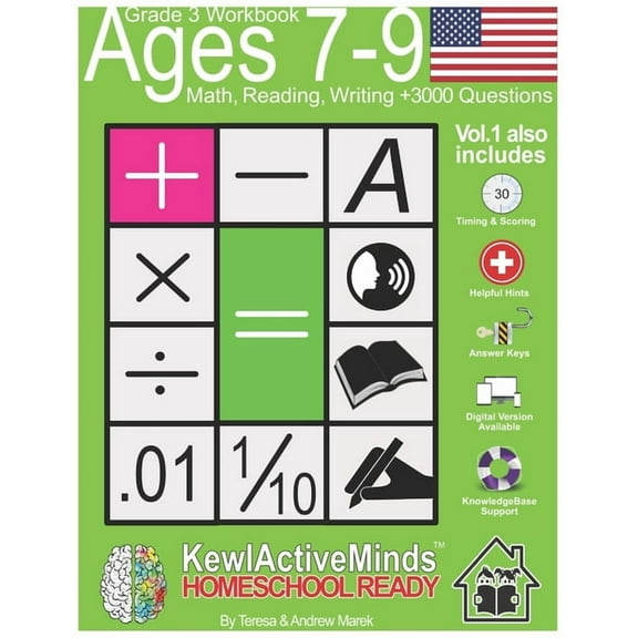 Grade 3 Worksheets - Homeschool Ready Grade 3, Ages 7-9 Math, Reading, Writing Practice Workbook - Vol1, 3000 Questions: American Content with Answer Keys, Ti, (Paperback)