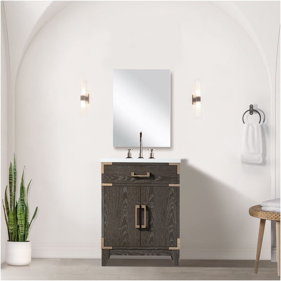 JERFIT 24 inch Bathroom Vanity Set with Acrylic Countertop, Oak Wood Cabinet, Mirror and Chrome Faucet for Single Sink