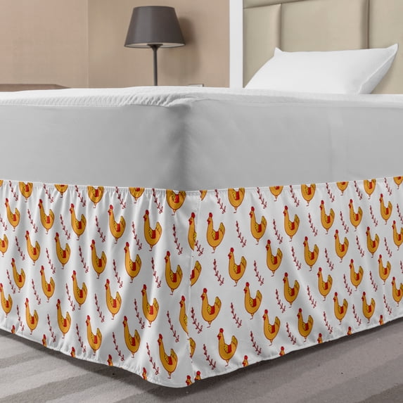 Hen Bed Skirt, Continuous Pattern of Doodle Chicken and Leafy Branch, Elastic Bedskirt Dust Ruffle Wrap Around for Bedding Decor, 4 Sizes, Orange Dark Pink, by Ambesonne