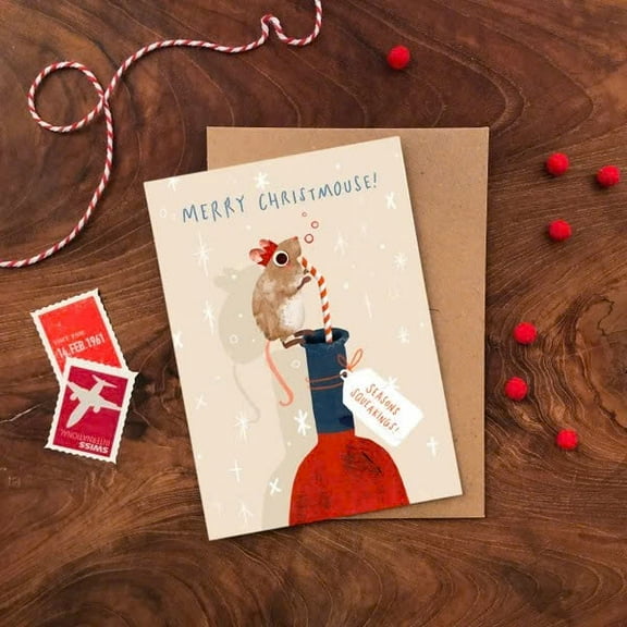 Merry Christmouse Christmas Card – Adorable Mouse Design with Straw – Blank Inside for Personal Messages – Ideal for Holiday Greeting, Gift Giving, or Seasonal Cheer
