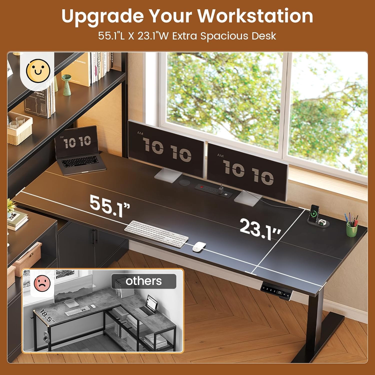SEDETA L Shaped Standing Desk with Storage, Electric Home Office Desk with LED Lights & Power Outlets, Adjustable Height Computer Desk with Drawer, Cabinet & Bookcase, Sit Stand Up Corner Desk, Black