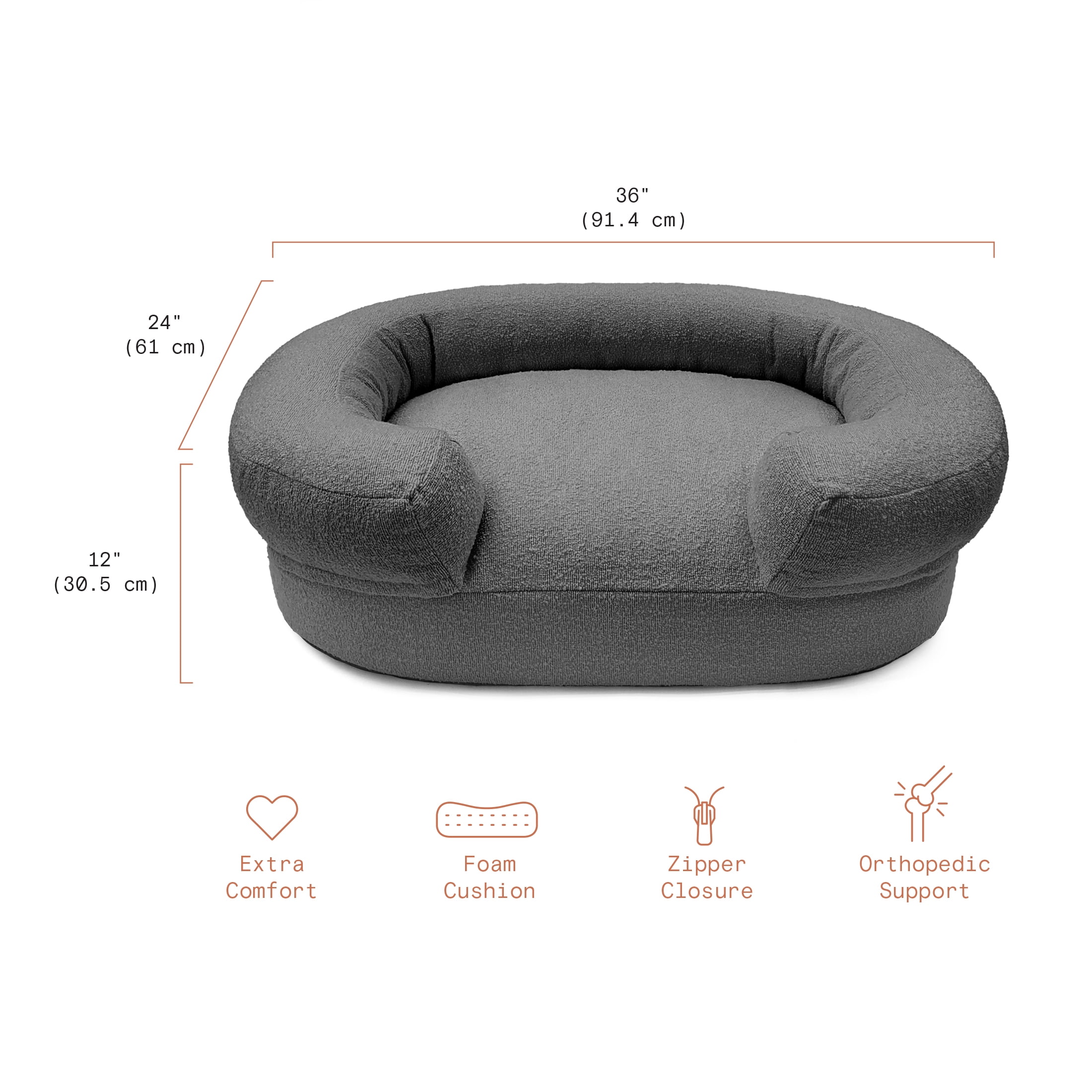 Beautiful Bolster Medium Pet Bed, 36 x 24 x 12in, Charcoal by Drew Barrymore