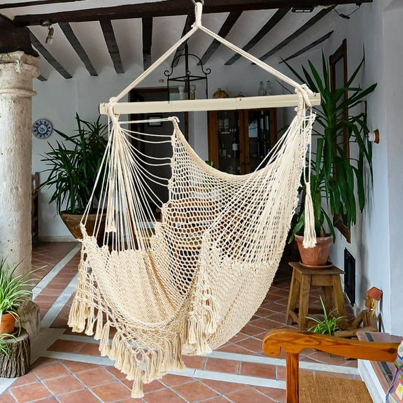 Hammock Chair,Max 330lbs, Large Hanging Chair, Soft Cotton Rope Swing Chair with High Load-Bearing Metal Rod,Indoor Outdoor Garden Yard Living Room Use
