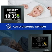 8” Digital Calendar, Clock with Day and Date for Elderly, Operated Day Clock, Digital Clock with Date and Day of Week, Digital Wall Clock, Large Digital Clock, Dementia Clock W/ Color Sun Icons