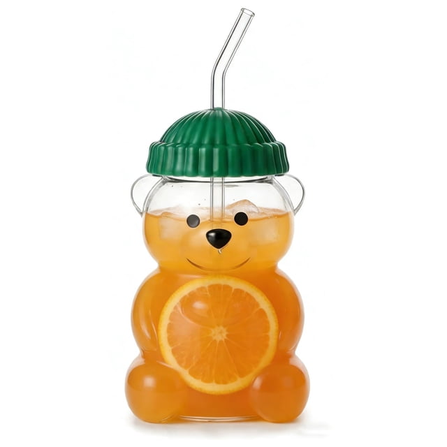 Vaso de cristal ZHSSTUIEN Cute Bear 600 ml con pajita y tapa Christmas