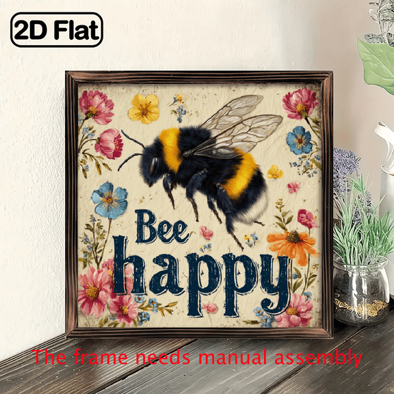 Bee Happy Rustic Wooden Wall Art Sign 8x8 Inches, Spring Easter Decor with Vibrant Floral Bee Design, Perfect for Home, Farmhouse, or Garden Ideal Gift.