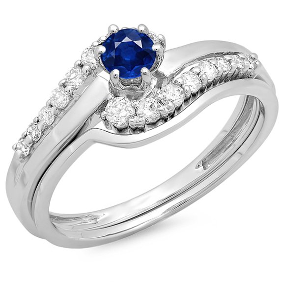 Dazzlingrock Collection 14K Round Blue Sapphire & White Diamond Twisted Bridal Engagement Ring Set, White Gold, Size 9