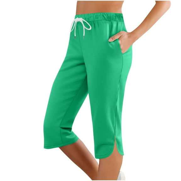 Stretch Capris for Women Casual Summer Drawstring Elastic Waist Pull on Cropped Pants with Pocket Trendy Side Split Straight Leg Knee Length Capris Pants New Green L