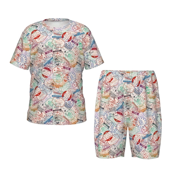 Balery Passport Stamp Conjunto de Pijama Infantil de Manga Corta con Estampado – Ropa de Dormir de Algodón Suave-XX-Large