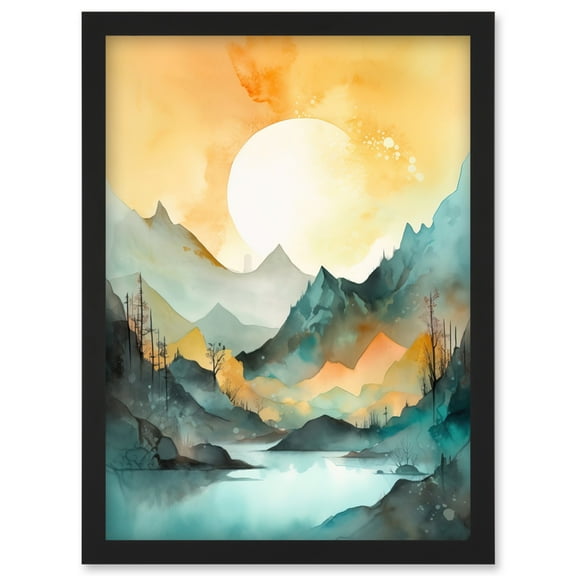 Sun Rising Over Mountain Lakeside Landscape Modern Pastel Teal and Orange Watercolour Painting Artwork Framed Wall Art Print A4