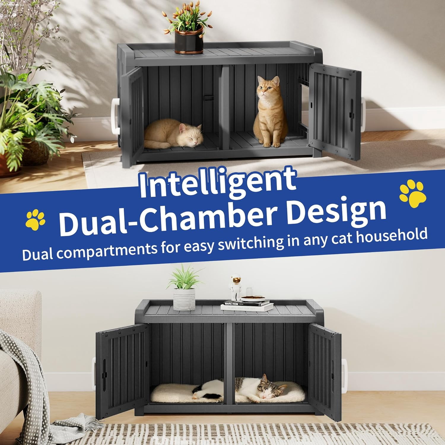 LEHOME Cat Litter Box, Resin Weatherproof Enclosed Litter Box with Dual-Door Design, Hidden Furniture for Indoor Home Use