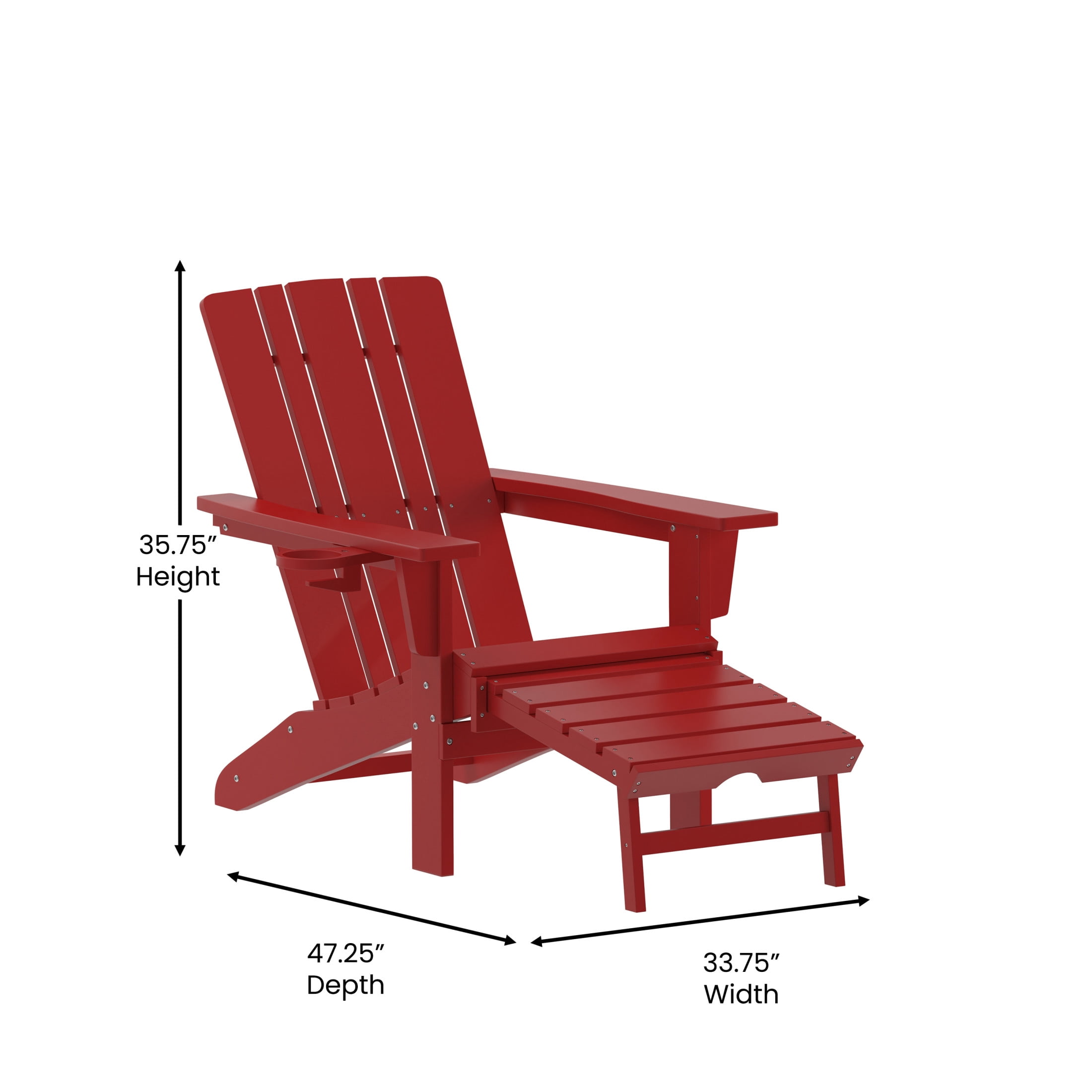 Flash Furniture Halifax HDPE Adirondack Chair with Cup Holder and Pull Out Ottoman, All-Weather HDPE Indoor/Outdoor Lounge Chair in Red