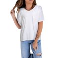 thumbnail image 2 of ABPHQTO Camiseta de mujer blanca con cuello de pico y manga corta con bolsillo, 2 of 5