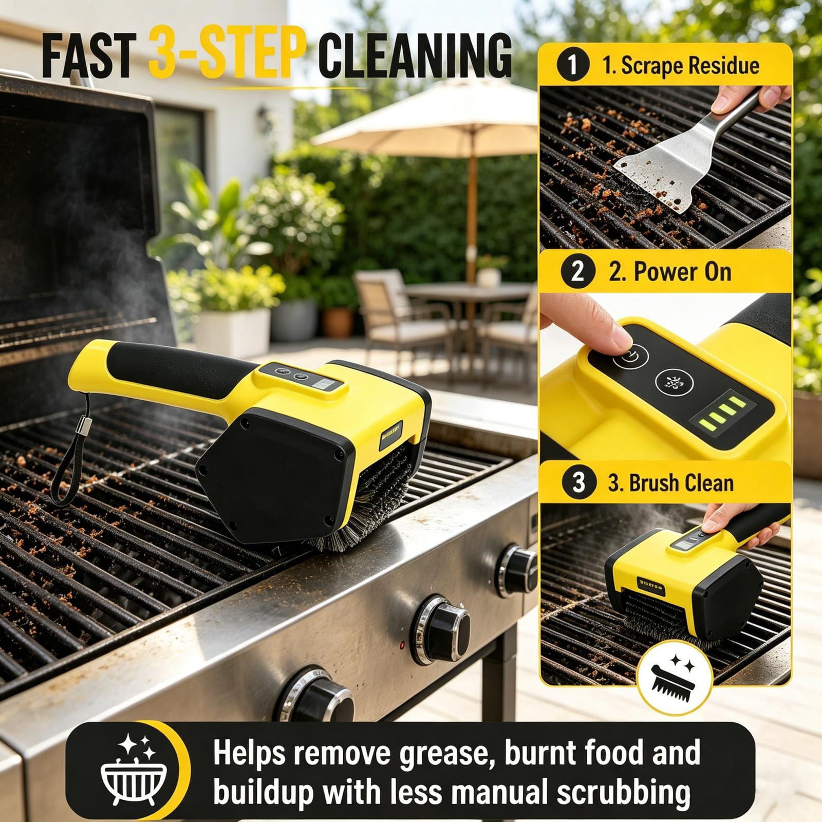 ZOURIH Electric Grill Brush,Cordless Rechargeable BBQ Grill Cleaner with Stainless Steel Rotary Brush Head,Scraper and LED Display,Shed-Resistant Bristle for Camping,Patio and Barbecue Grates,Yellow