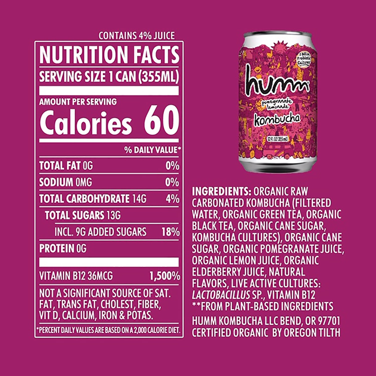 Humm Kombucha Tea, Pomegranate Lemonade, Probiotic, Organic, 12oz Can