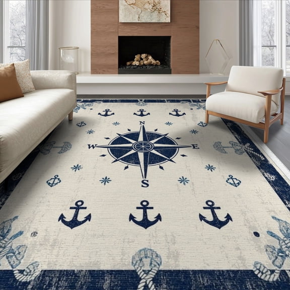 ODIKA 8'x10' Washable Area Rug Non-Slip Chair-Friendly Mat Beachy Ocean Nautical Vintage Border Compass Motif Themed Bathroom for Dining Room, Large Office, Lounge