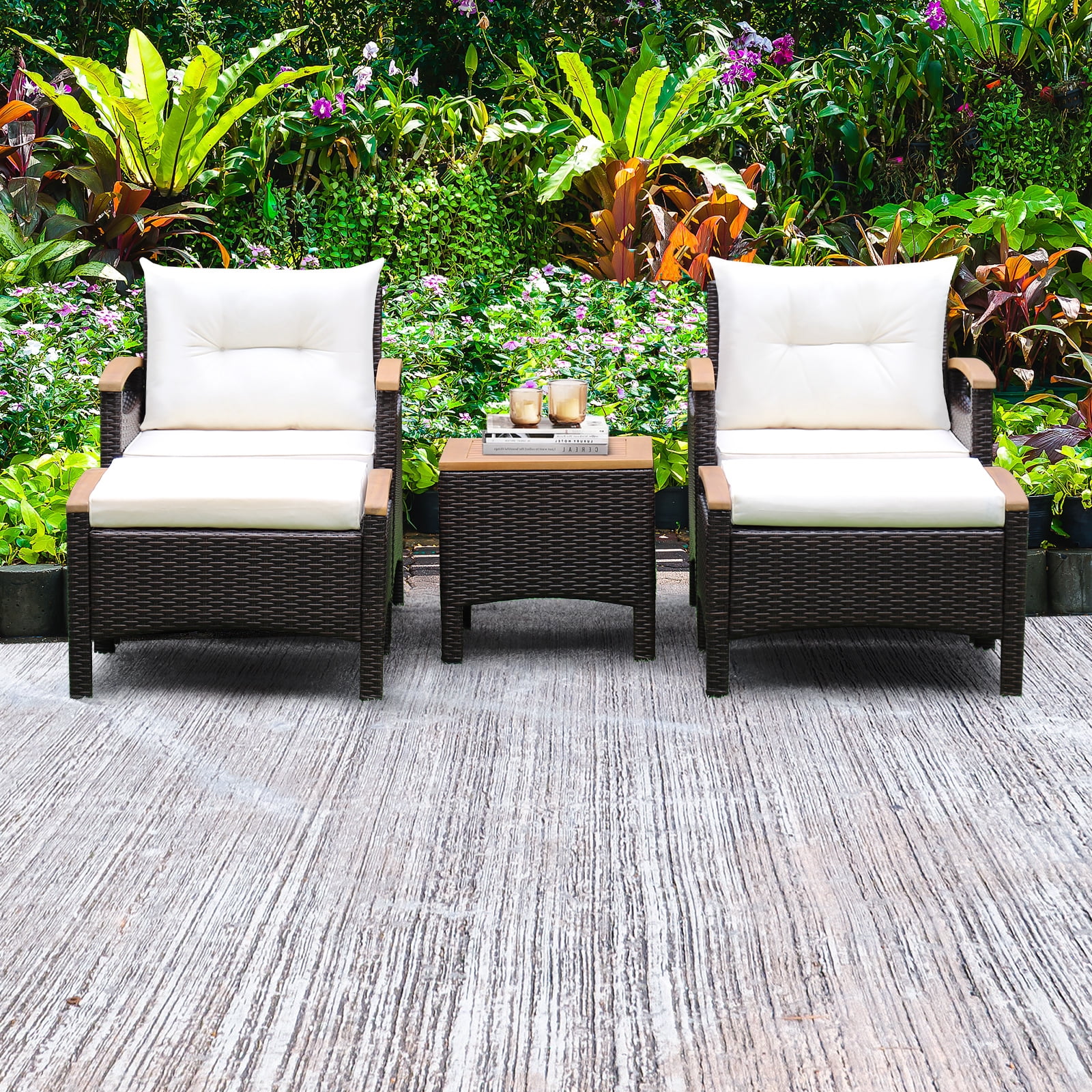 BLACK JAGUAR Outdoor Patio 5PCS Rattan Conversation Furniture Set Acacia Wood Frame Chair with Coffee Table & 2 Ottomans for Backyard&Poolside