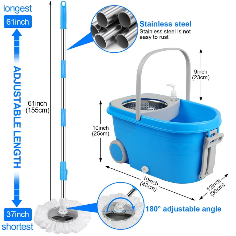 PULNDA Spin Mop and Bucket with Wringer Set,Mop and Bucket Set for Floor Cleaning with 3 Mop Refills 61 Inches Telescoping Mop Rod for Office and Home