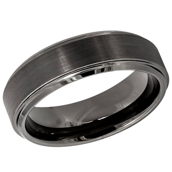 Men's Women's Tungsten Wedding Band Engagement Ring 6mm Gun Metal IP Plated Brushed Center High Polish Stepped Beveled Edge