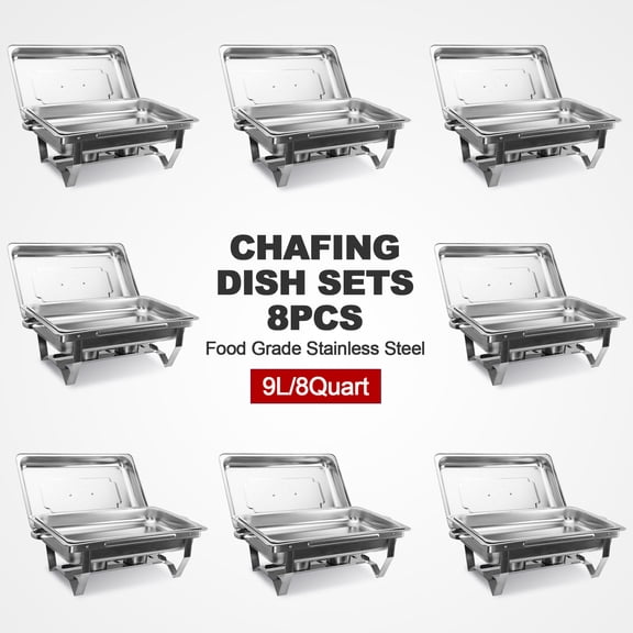 Wilprep 8 Pack 9L/9.5Q Chafing Dish Sets Chafer Stainless Steel Pans Food Warmer Foldable