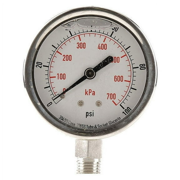 Pressure Gauge, 0 to 100 psi, 1/4 in MNPT, Stainless Steel, Silver(4CFH4)