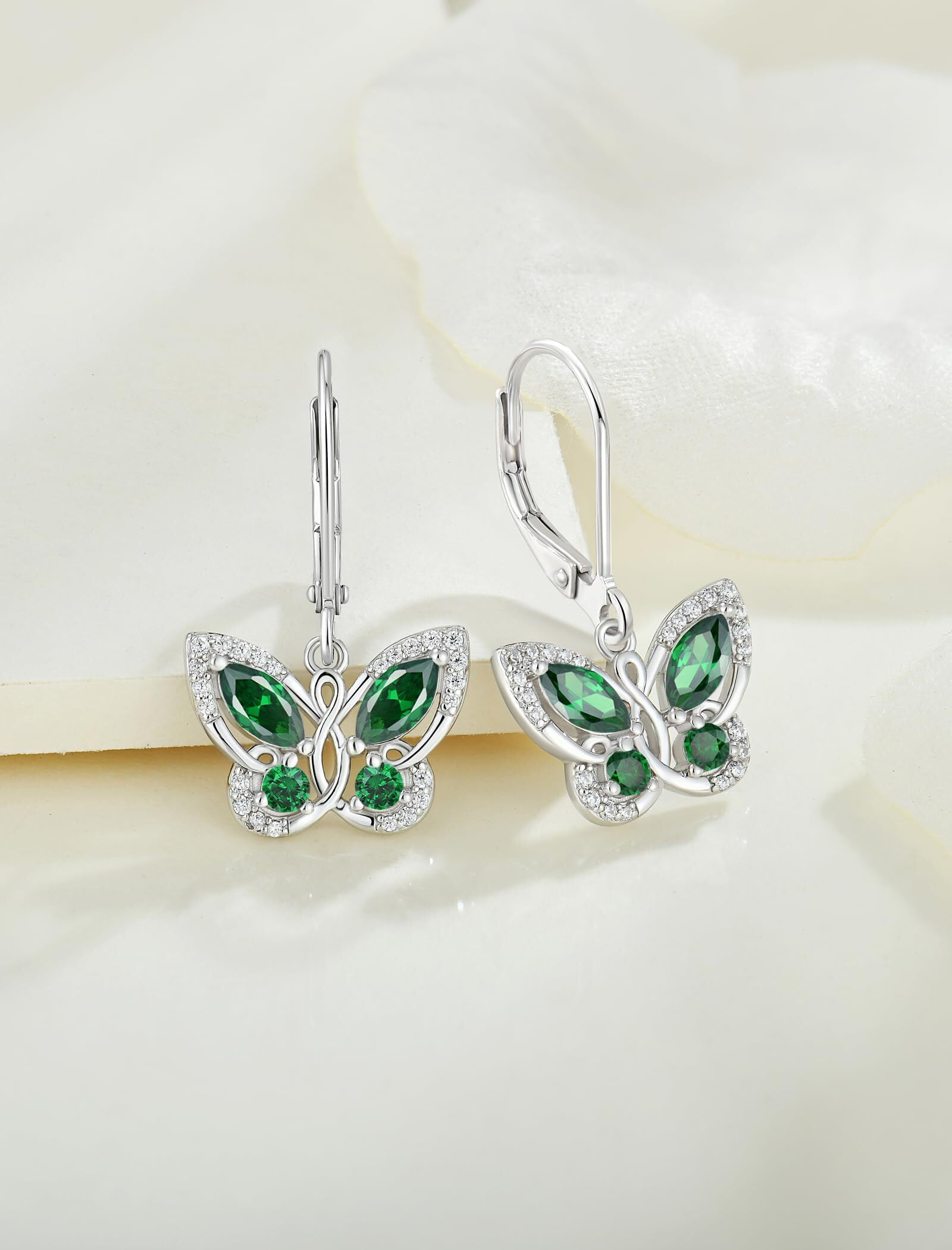 Starchenie Butterfly Earrings for Women 925 Sterling Silver Leverback Earrings Birthstone May Emerald Butterfly Jewelry Gifts