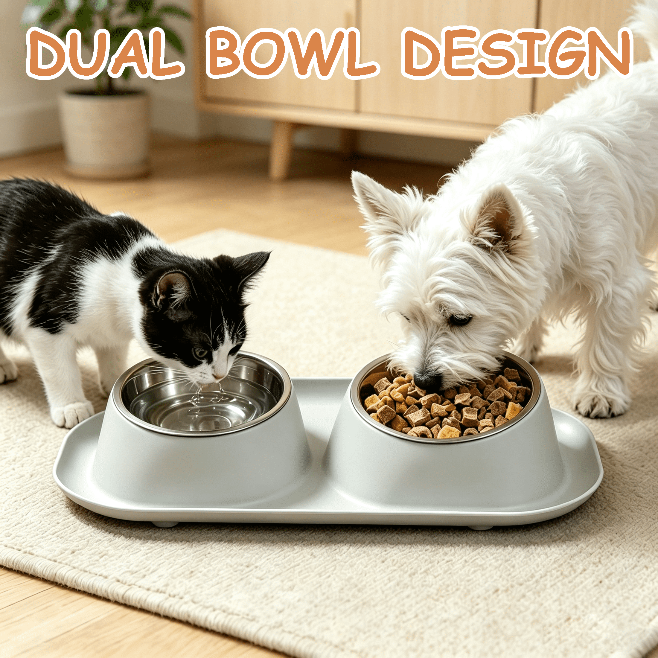 GARITIN Pet Bowls, Double Cat Dog Bowls with Spill Proof Tray, Detachable Stainless Steel Raised Pet Food Water Bowl for Small Pets