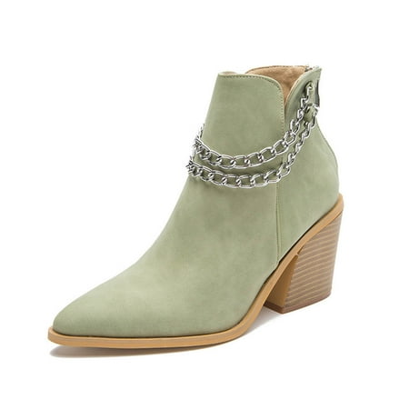 

Juebong Women s Chain Boots Punk Goth Ankle Booties Fashion Chunky Low Heels Short Booties Chain Boot Green 8.5