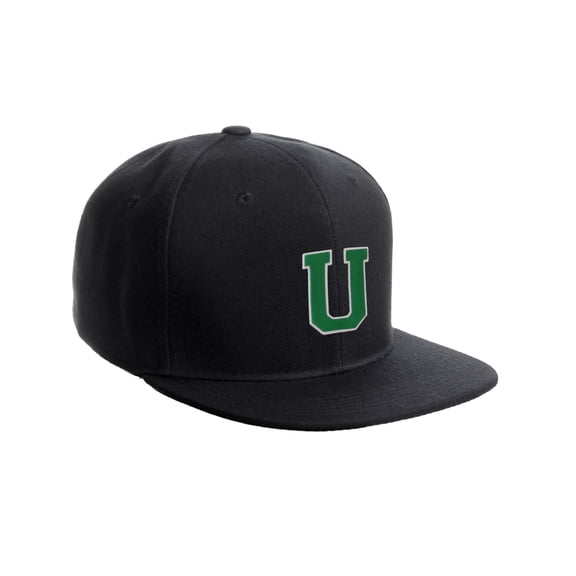 Classic Snapback Hat Custom A to Z Initial Raised Letters, Black Cap White Green Letter Initial U