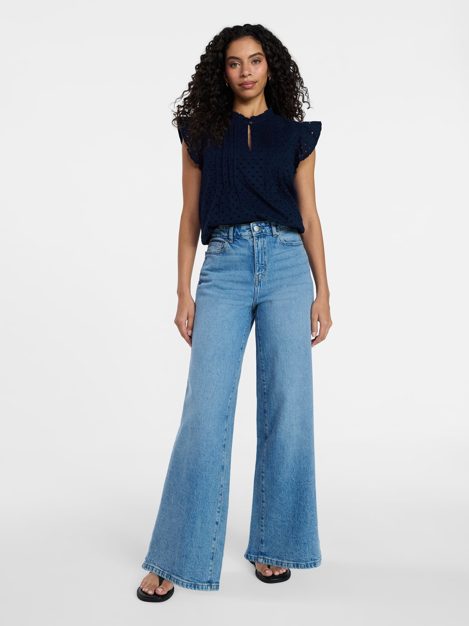 Time and Tru Women's Cotton Eyelet Top with Short Flutter Sleeves, Sizes XS-XXXL