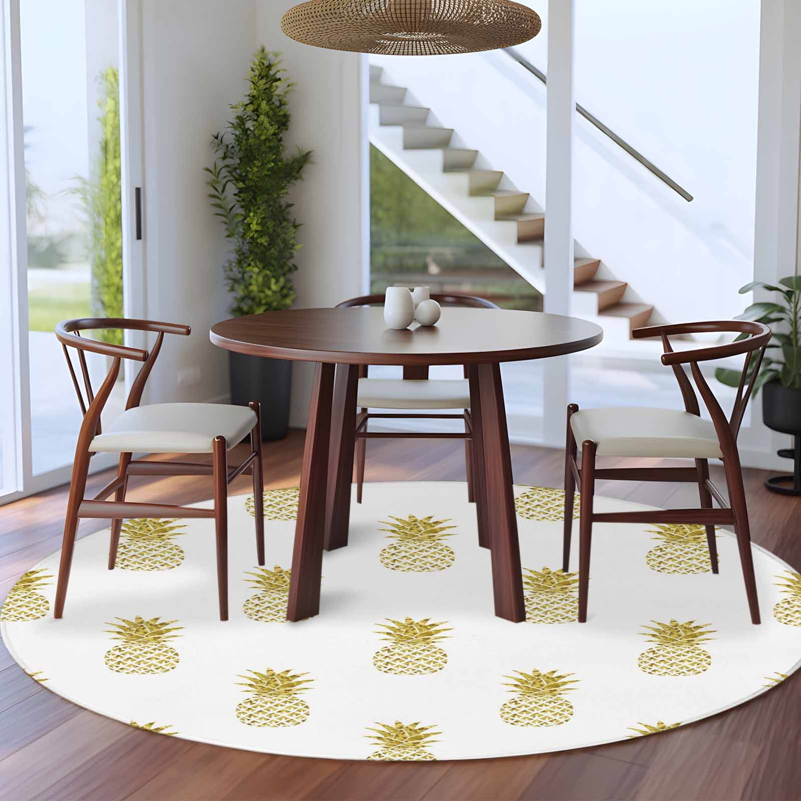 Pineapple Round Area Rug 6Ft Washable Circle Rugs for Bathroom Office, Modern Abstract Yellow Fruits Textured Non-Slip Carpet Floor Mats Indoor Outdoor Carpet Runner Aesthetic Home Decor