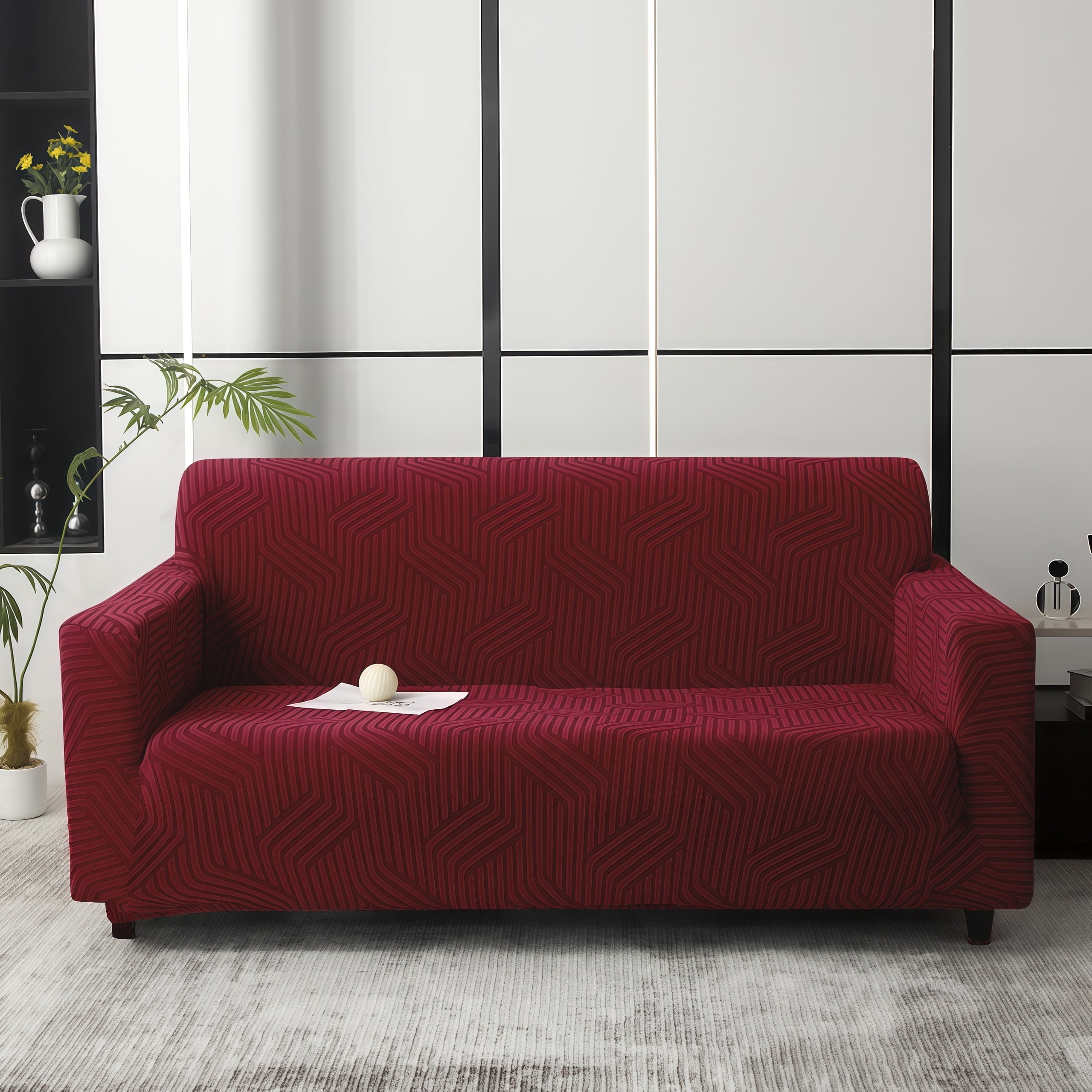 MJIAexp (55"-69") Stretch Sofa Cover Slipcover,Couch Covers for 2 Cushion Couch Sofa with sofa armrest,Pet Friendly Furniture Protector Sofa with Elastic Bottom for Kids,Jacquard lines(Dark Red)