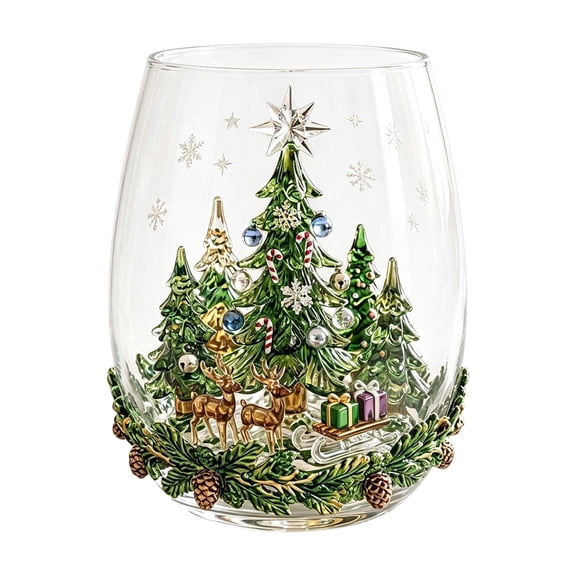 2D Christmas Art Stemless Wine Glass, 10oz Raised Xmas Holiday Printed Drinking Cup, Drinking Glass Cup Collection for Drinks, Xmas Party Home Decor Gifts,B
