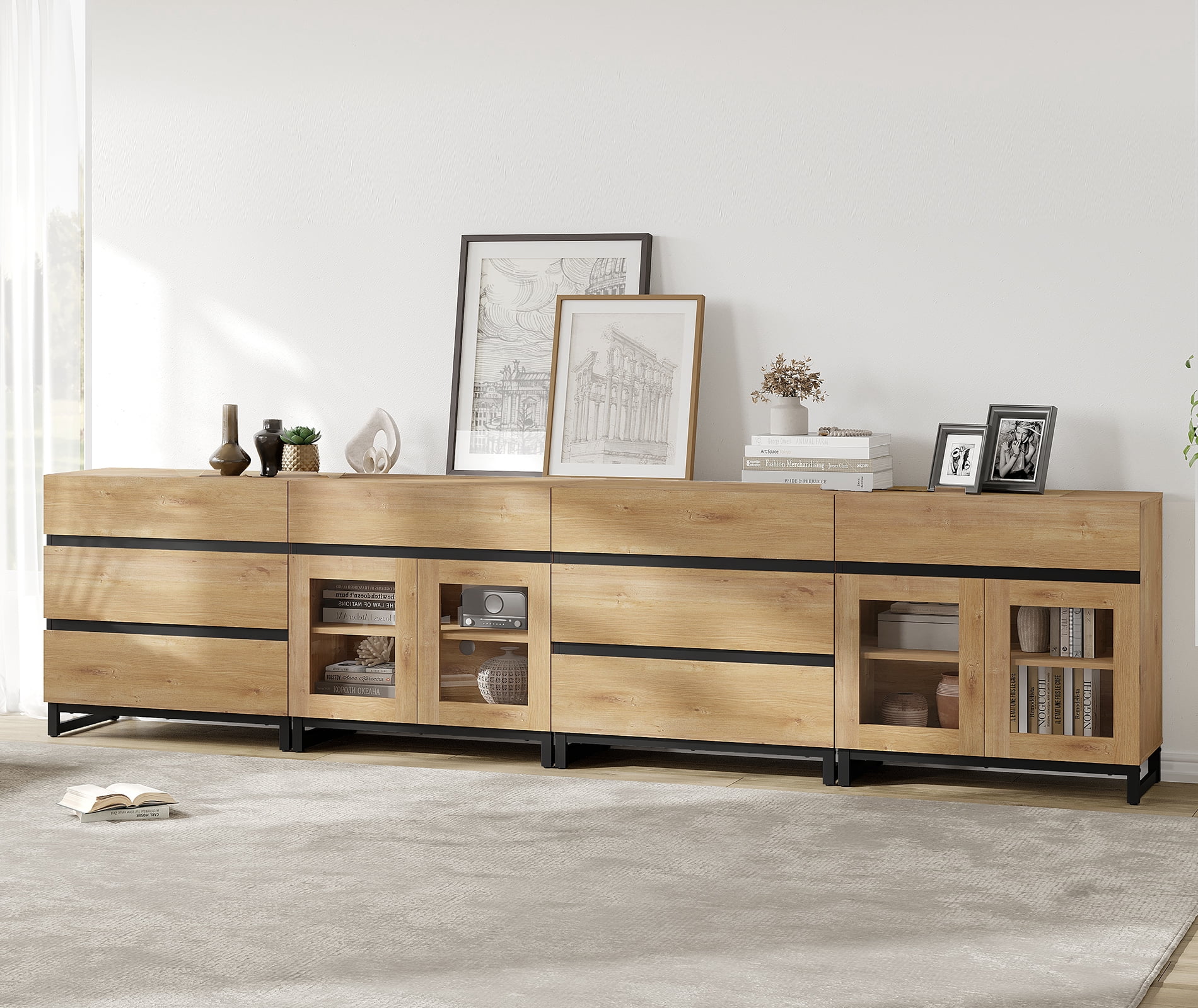 4 In 1 Modern Dresser with Glass Doors & 8 Drawers, Chest of Drawers with Adjustable Shelves, Multi-purpose Bedroom Closet Organizer Storage Cabinet,Oak