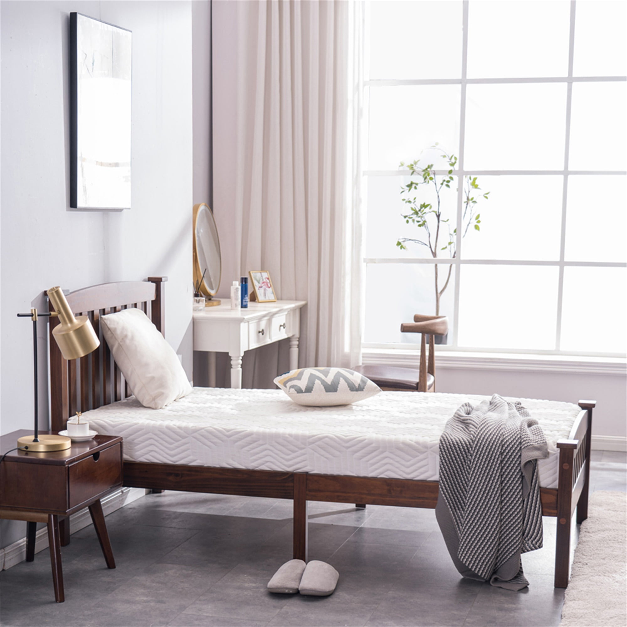 Kadyn Classic Twin Size Platform Bed, Twin Size Bed Frame with Hollow Vertical Striped Headboard, Footboard and Underbed Space for Children, Teens and Adult Bedrooms, No Springs Required, Walnut Kadyn Classic Twin Size Platform Bed, Twin Size Bed Frame with Hollow Vertical Striped Headboard, Footboard and Underbed Space for Children, Teens and Adult Bedrooms, No Springs Required, Walnut