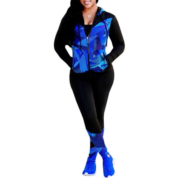 Akmipoem Autumn Long Sleeve 2 Piece Outfit Full Zip Up Jacket+Skinny Pants Set for Young Ladies Blue M
