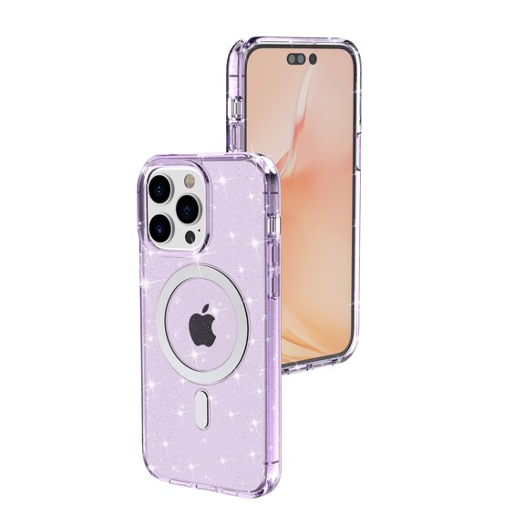 Allytech iPhone 14 Pro Max Case Bling, Glitter Sparkle Magsafe Case Wireless Charging Support Shockproof Transparent Case Cover Back Shell for Apple iPhone 14 Pro Max 6.7" 5G - Purple