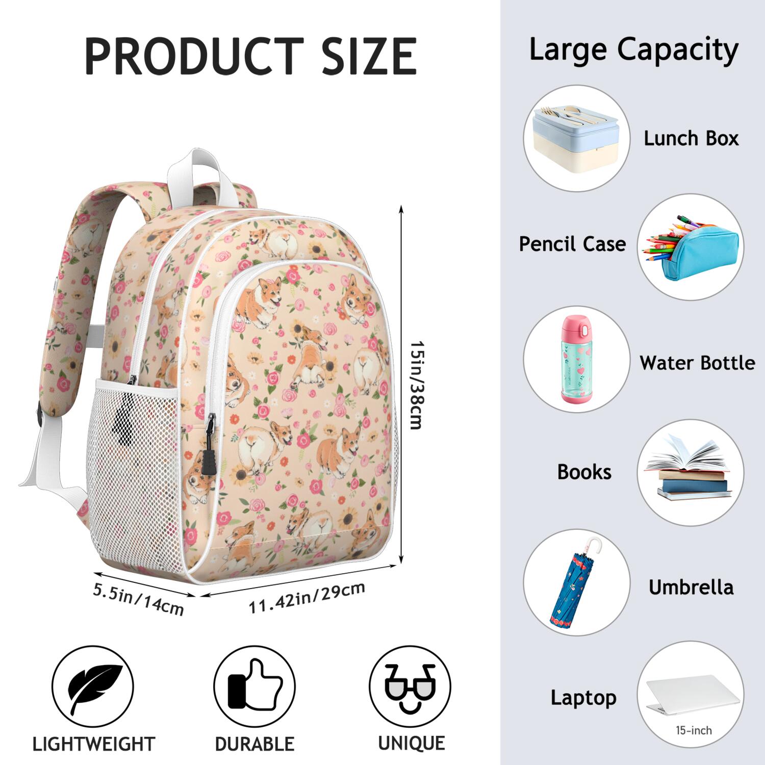 Corgi Dog and Flower Florals Backpack for School,Cute School Bag,Schoolbag with Adjustable Shoulder Straps & Padded Back,15"x11.42"x5.5"