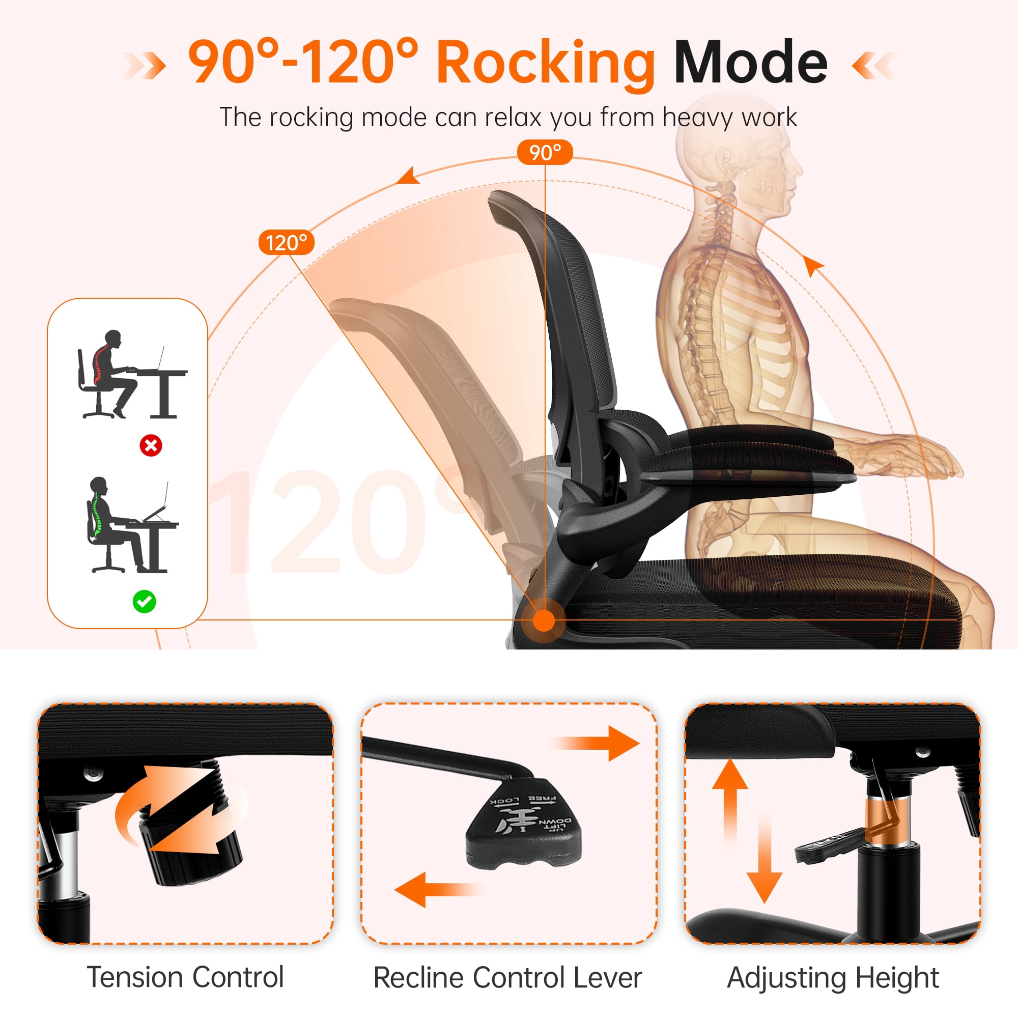 COOLHUT Office Chair, Ergonomic Desk Chair with Lumbar Support and Adjustable Armrests, Breathable Mesh Computer Gaming Chair, Reclining Task Chair for Home Office, Black