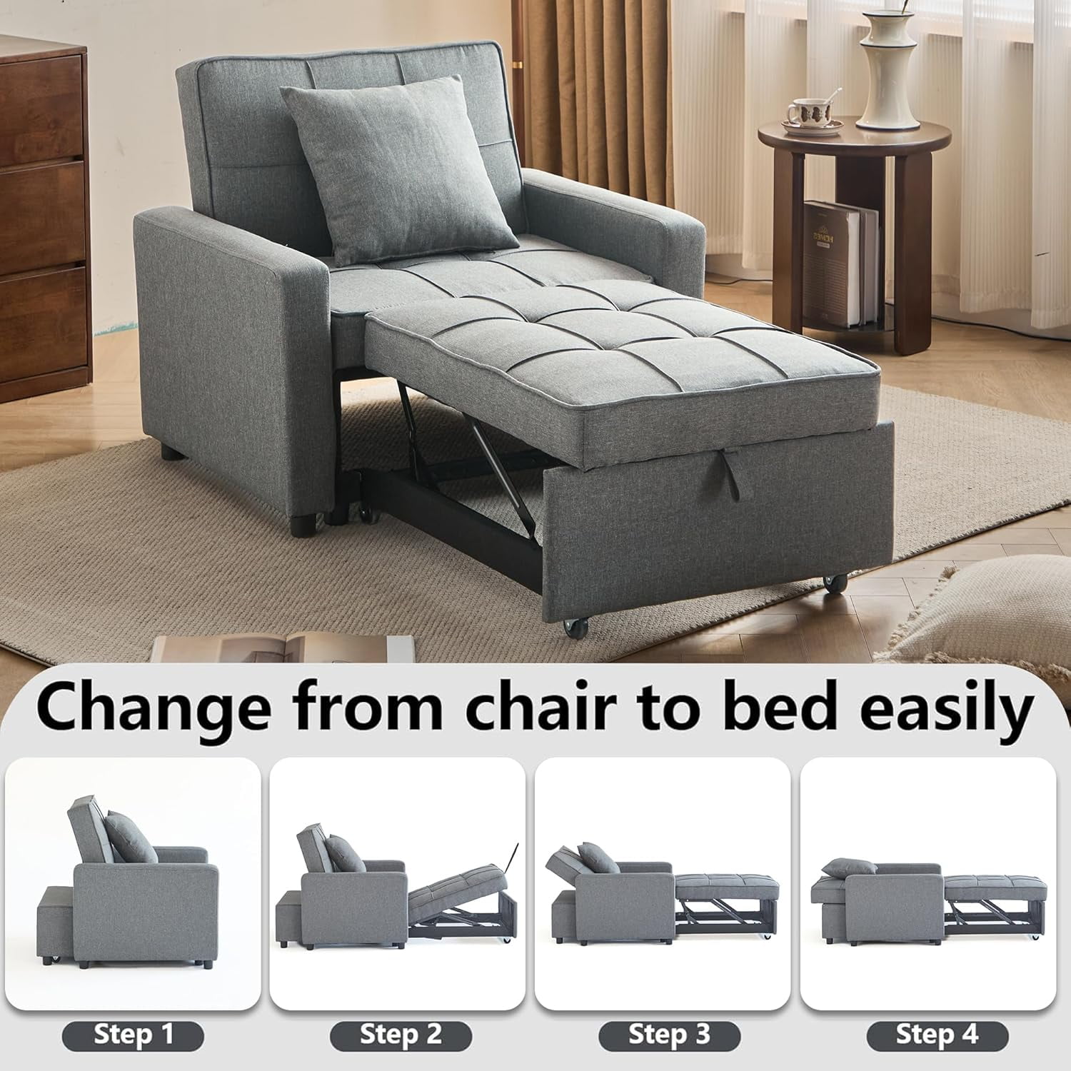 Gewnee 3-In-1 Folding Sofa Bed Chair, Convertible Sofa Bed and Office Chair, Adjustable Backrest Leisure Chair With Wheels & Handles, Fit For Small Spaces, Light Gray