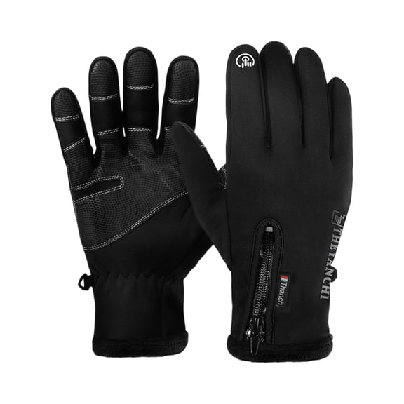 Winter Thermal Gloves for Men Women Windproof Thickened Outdoor Cycling Gloves Full Finger Gloves with Zipper Grip Palm Touchscreen Compatible for Running Commuting Black L
