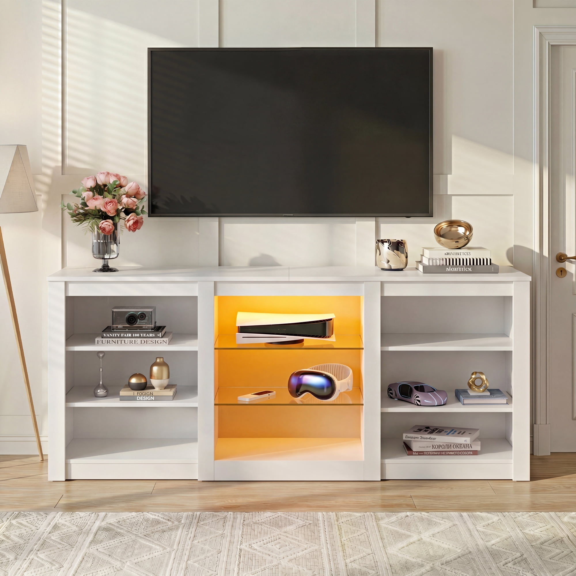 GALAXHERO Modern TV Stand for 65 Inch TV Entertainment Center with Adjustable Open Shelves & LED Lights Sturdy Media Console for Living Room, Bedroom, Gaming White