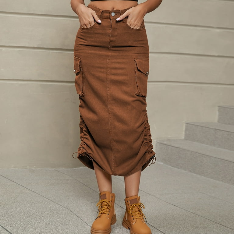 スカート Harper Tassel Pocket Denim Long Skirt BROWN JNGSA Long Denim Skirts for Women Maxi High Waist Frayed Hem
