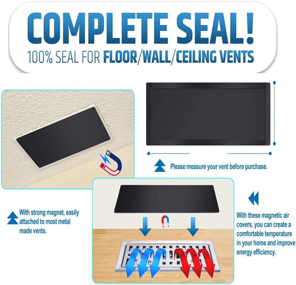 5 Pcs Strong Magnetic Vent Covers, 5.5x12 inch Vent Cover for Home Floor, Pockets for Complete Seal, Air Vent for Floor Wall and Ceiling Registers, Home and RV, HVAC and AC Vents-Black