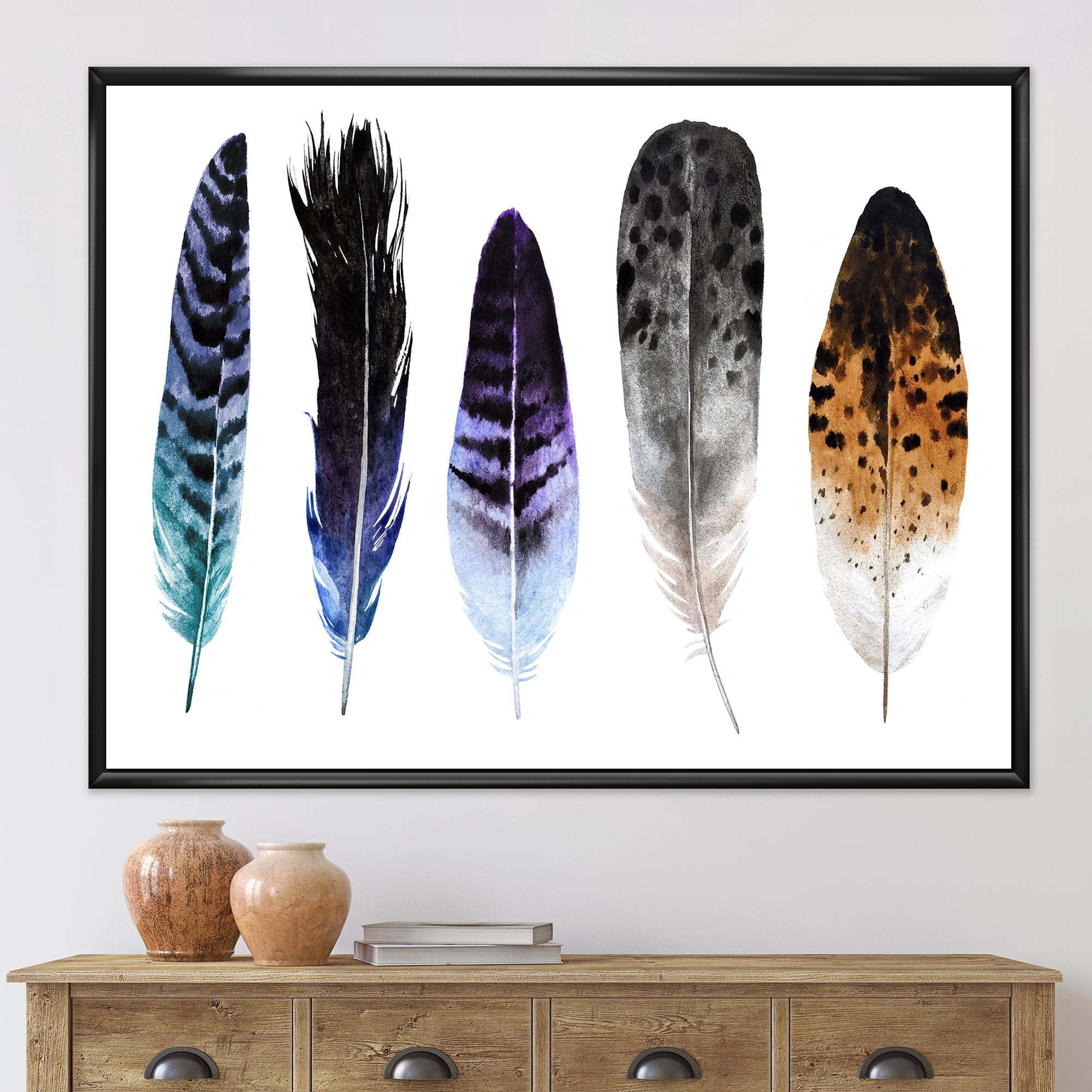 Designart 'Colourful Boho Art Feathers II' Bohemian & Eclectic Framed Canvas Wall Art Print