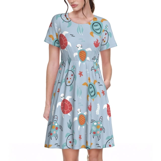 Fotbe Sea Turtle Vestido Largo de Moda para Mujer, Vestido Tipo Camiseta con Manga Corta y Estilo Casual a Rayas y Bloques de Color